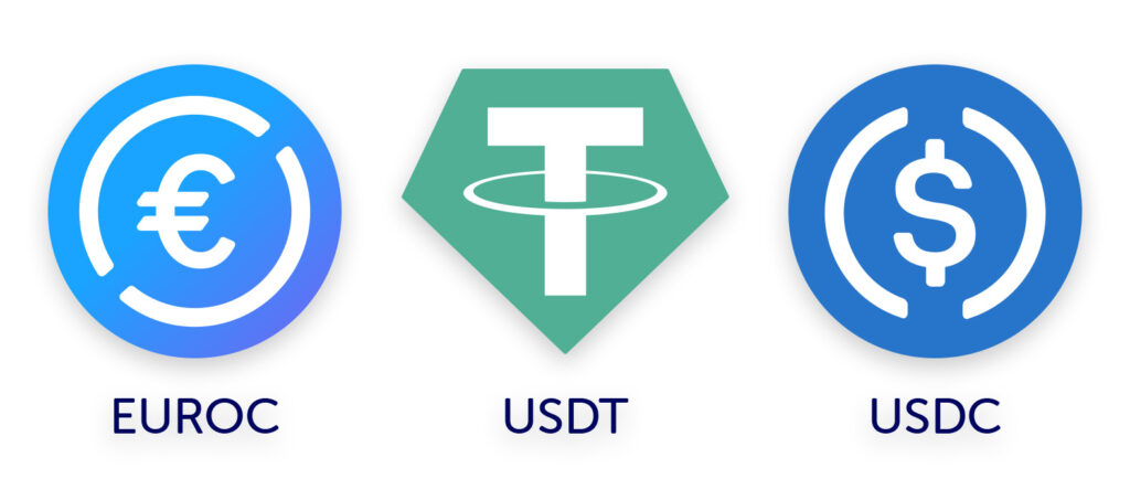 Illustration de 3 actifs stables centralisés : EUROC, USDT et USDC.